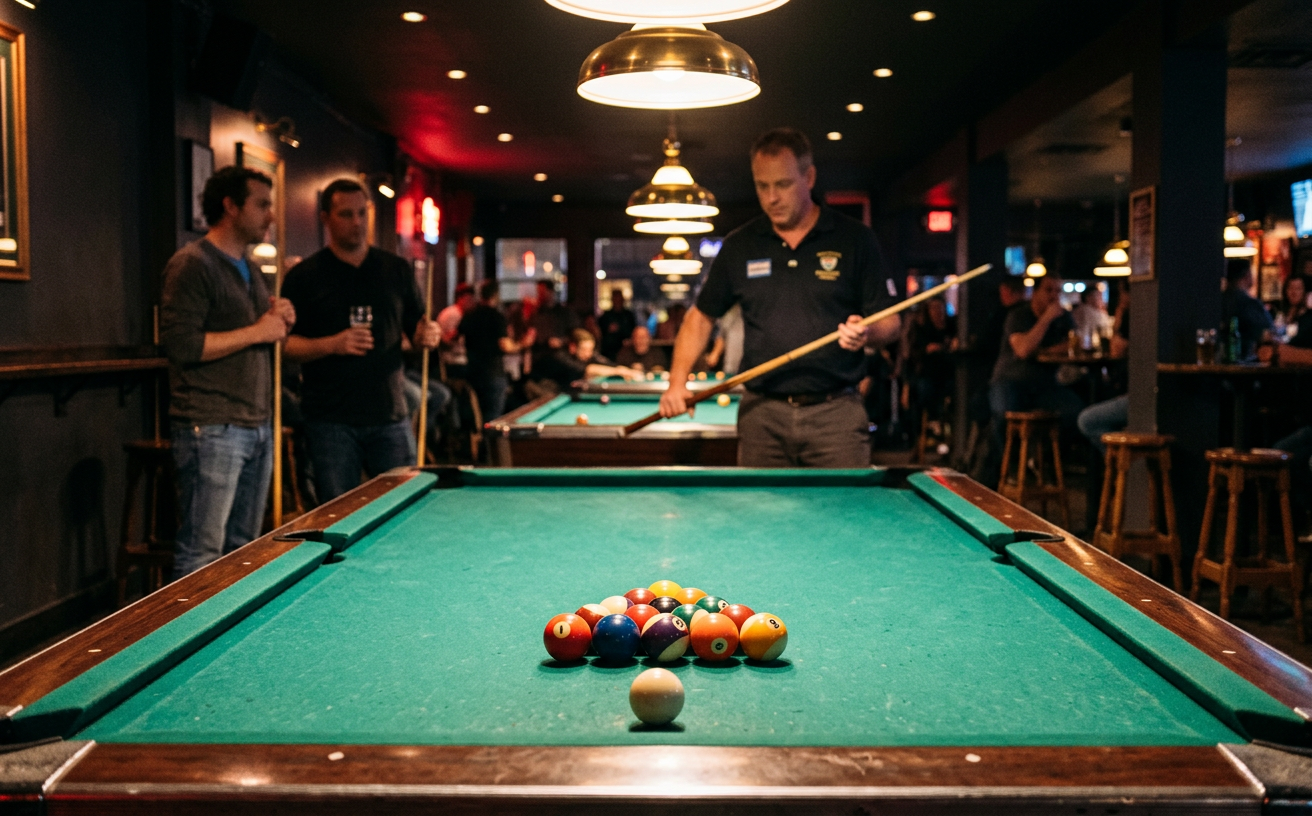 A rack of colorful billiard balls on a green pool table in a warmly lit pool hall