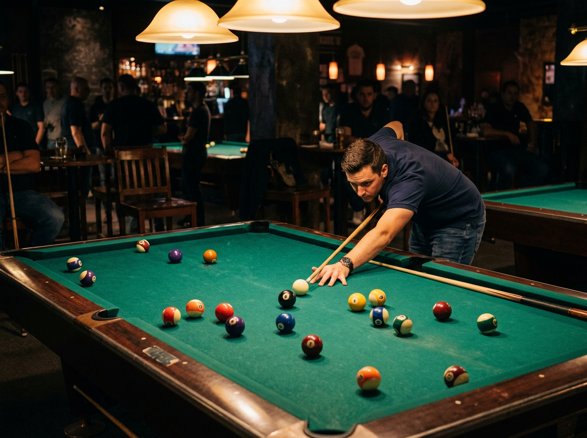 A player lines up a shot on a green pool table