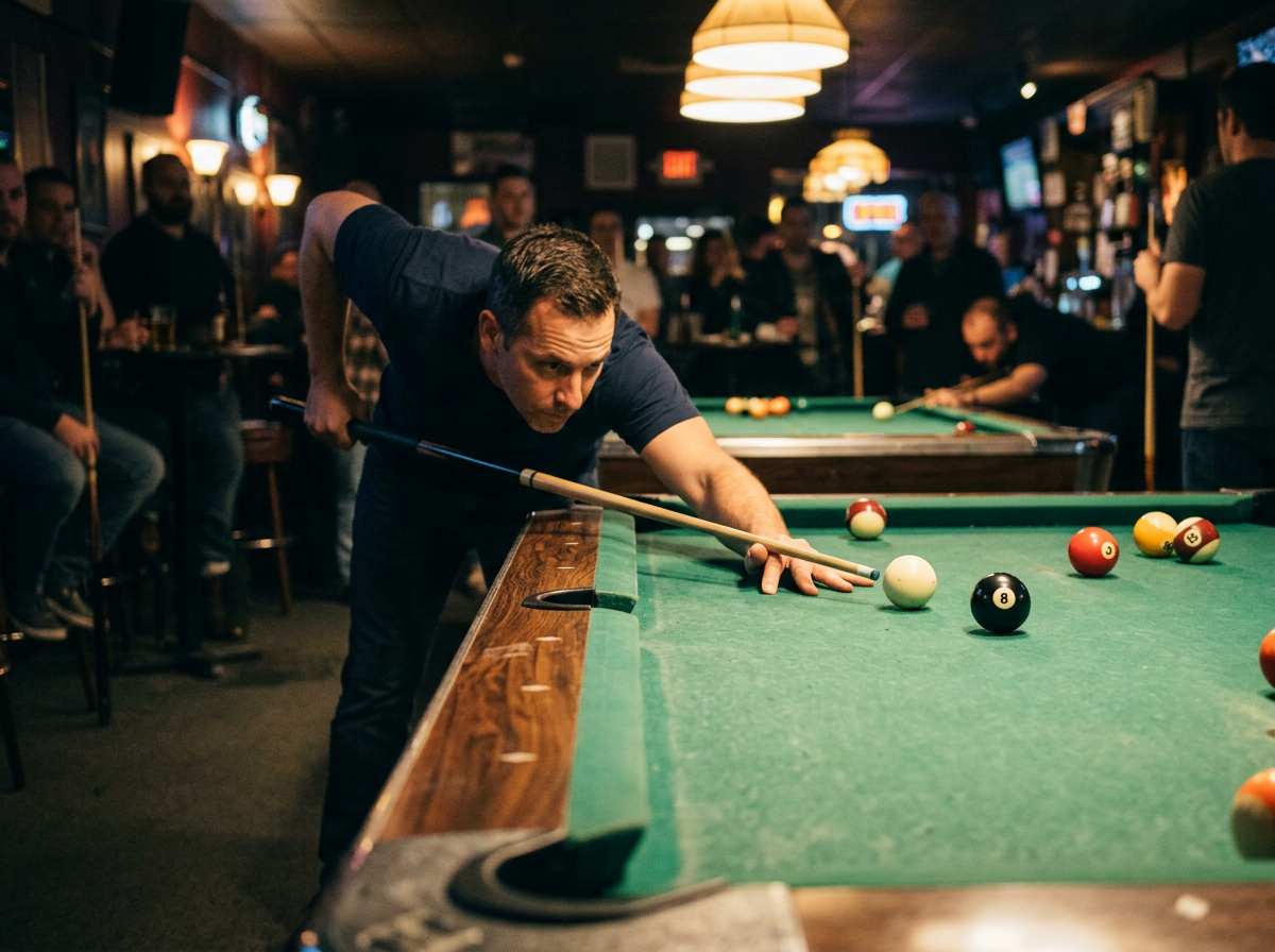 A pool player takes aim during a league match