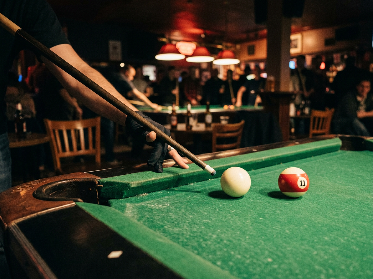 Pool balls gathered near a cue ball under warm table lights
